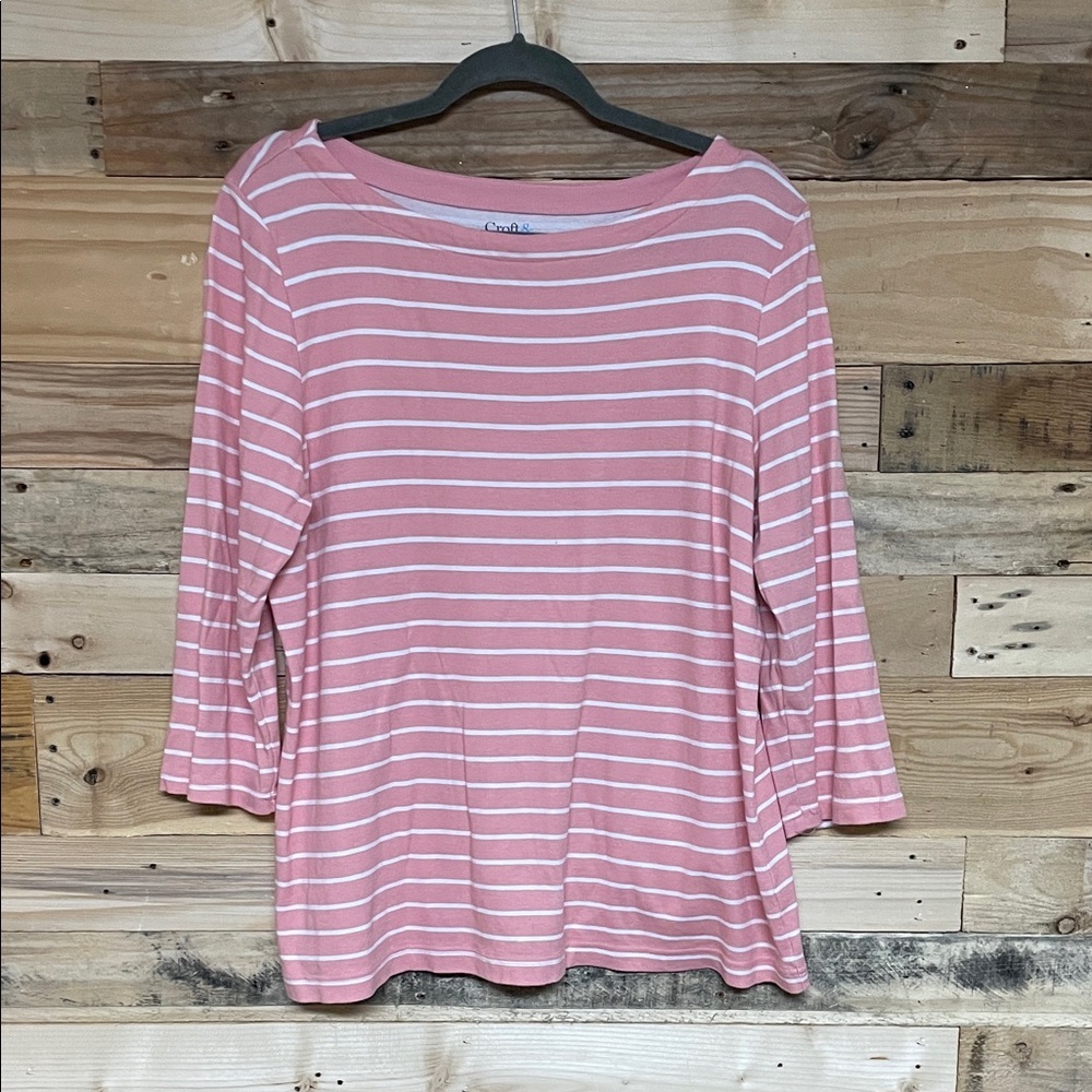 Croft & Barrow size Large 3/4 Sleeve Boatneck  Pink Striped 100% Cotton T-Shirt
